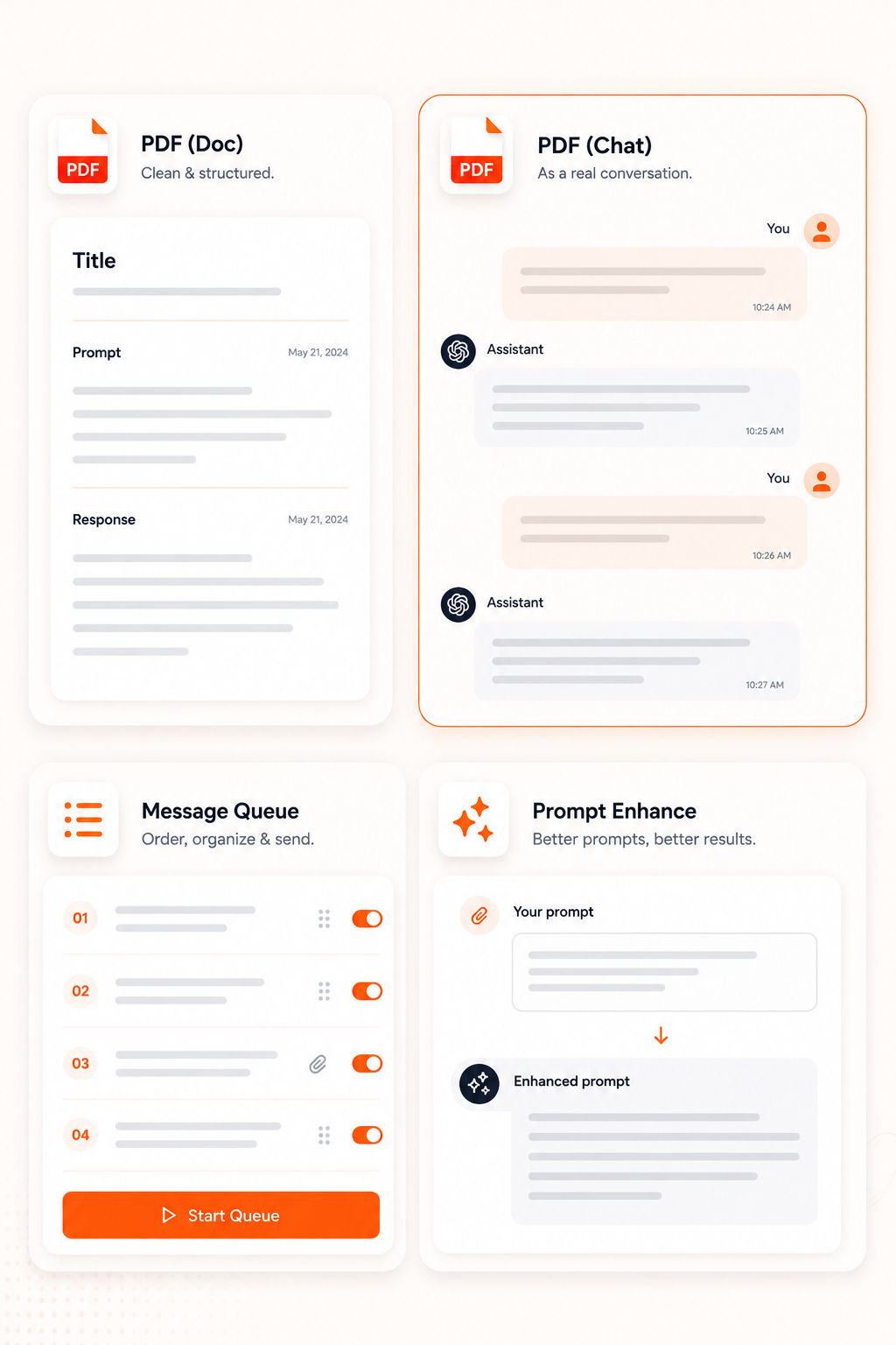 ChatKit product interface showing PDF export, prompt enhancement, and message queue features